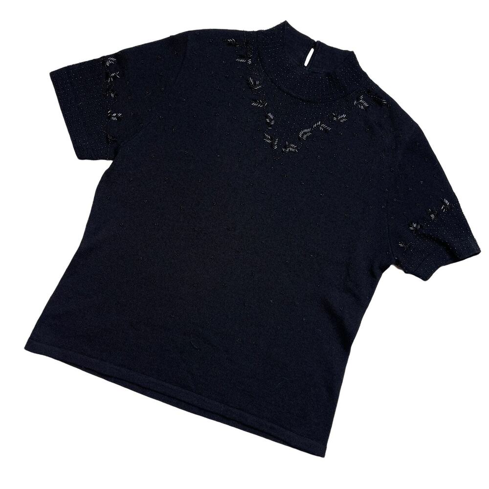 Black Beaded Sweater Casual Corner Size Large Retro 50s Wool Blend Short Sleeve